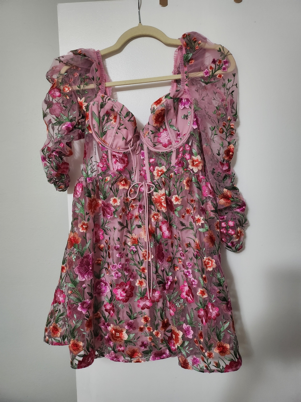 For Love & Lemons Pink Floral Embroidered Mini Dress